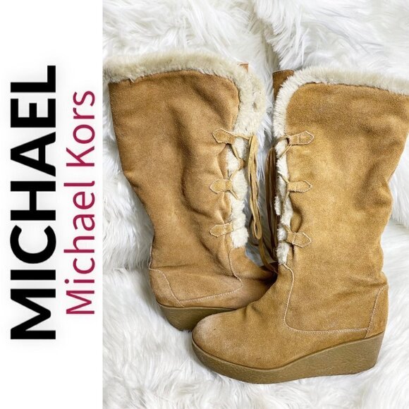 MICHAEL MICHAEL KORS Camel Brown Suede Sherpa Lined Wedge Boot, Size 9.5 - Picture 3 of 10